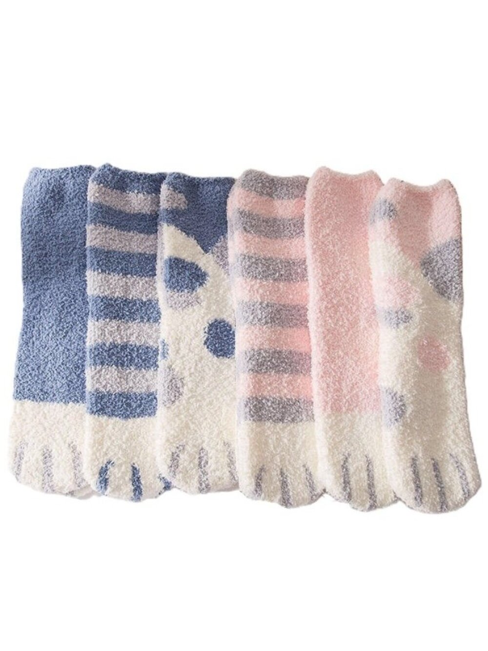 6-Pack Women's Fuzzy Winter Fluffy Cozy Warm Cute Cat Pattern Paw Socks Set Blue